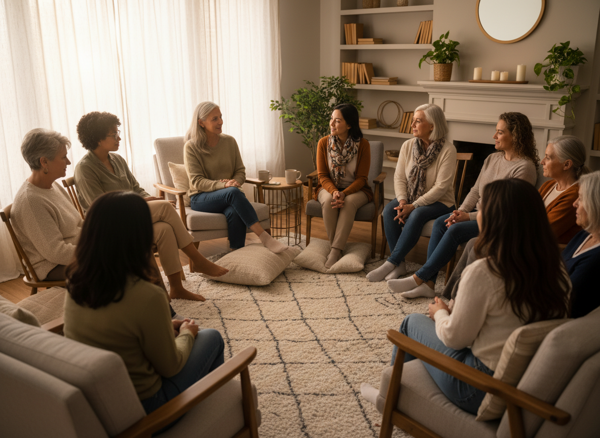 A warm, photorealistic image of a diverse women's support group gathered together in a comfortable, cozy indoor space. The women range in age from 18 to 70+, representing various ethnicities and body types. They are all wearing casual, comfortable everyday clothing — soft sweaters, jeans, t-shirts, cardigans, and leggings. They are seated in a relaxed circle on chairs and a couch, some smiling warmly, some listening attentively to one another. The atmosphere conveys safety, warmth, trust, and genuine human connection. Soft natural light streaming through windows, warm neutral tones throughout. No text, no graphics, no logos.